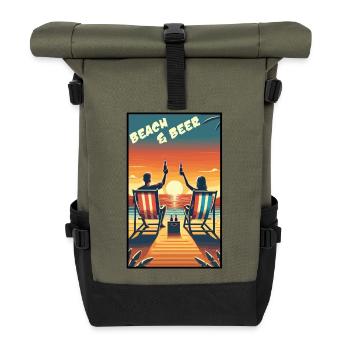 Entspannendes Strand- und Bier-Sonnenuntergangsdesign für Sommerspaß - Rolltop Rucksack - Olive/Schwarz - Vorne