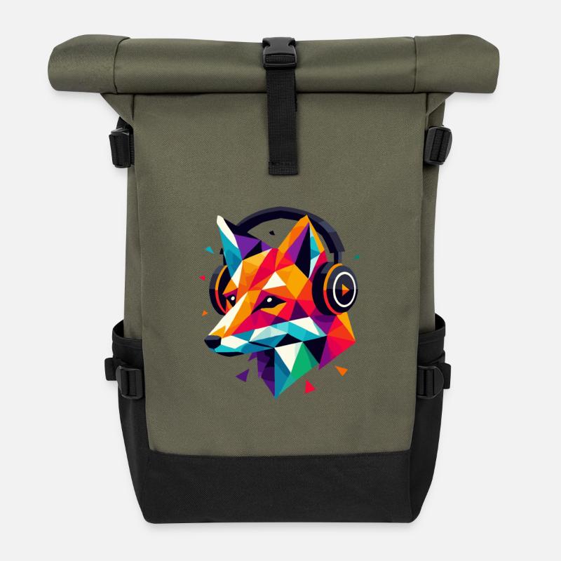 Geometric polygon DJ Fox Headphones Colorful Art - Roll Top Backpack - olive/black