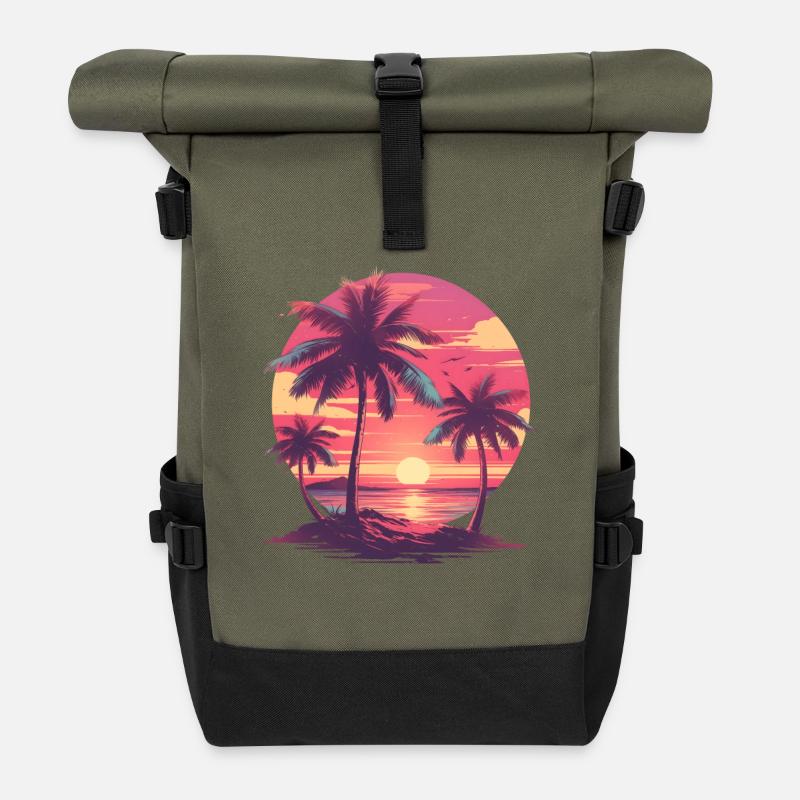 Vaporwave Retro Palmen Sunset Synthwave 80er 90er - Rolltop Rucksack - Olive/Schwarz