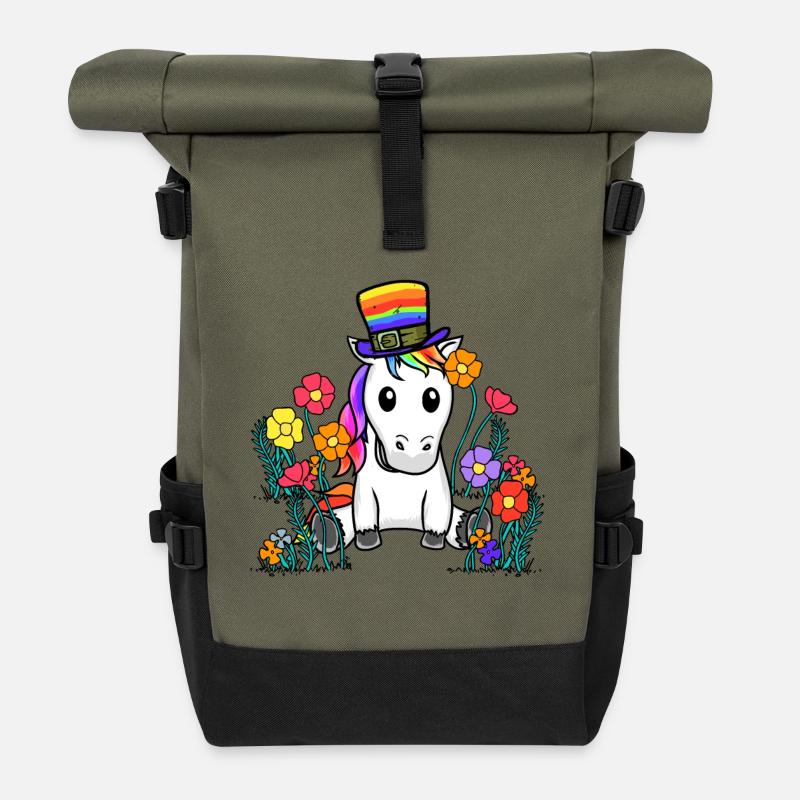 LGBT Einhorn Pferd Einhörner Regenbogen Blume - Rolltop Rucksack - Olive/Schwarz
