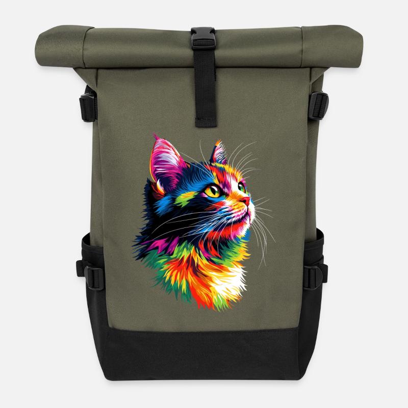 Katze Bunt Regenbogen Farben Popart Cat Mom Katzen - Rolltop Rucksack - Olive/Schwarz