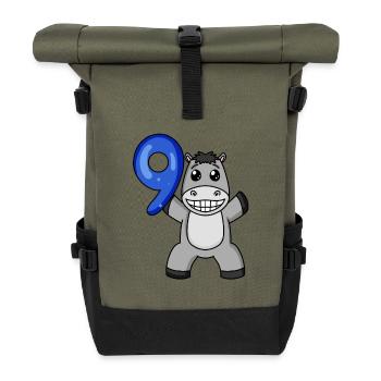 9. Geburtstag Motiv Esel - 9 Jahre - Rolltop Rucksack - Olive/Schwarz - Vorne