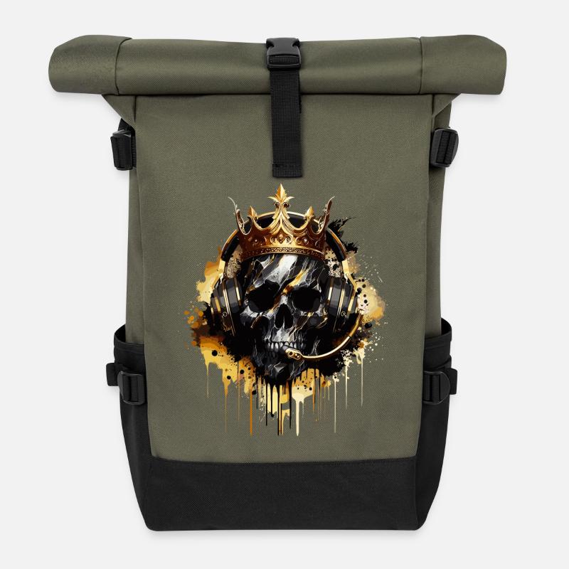 Totenkopf Golden Gaming Schädel mit Krone - Rolltop Rucksack - Olive/Schwarz