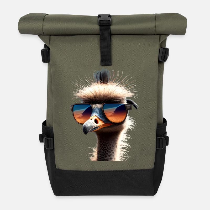 Strauss Vogel Strauß Großer Emu Laufvogel Sträuße - Rolltop Rucksack - Olive/Schwarz