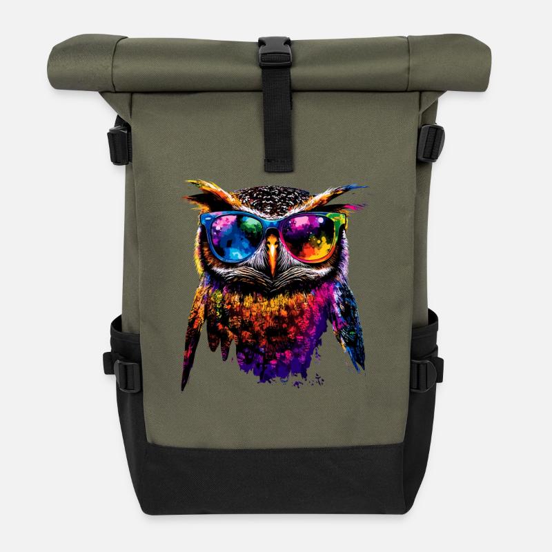 Eule Bunt Regenbogen Farben Kauz Uhu Owl Eulen - Rolltop Rucksack - Olive/Schwarz