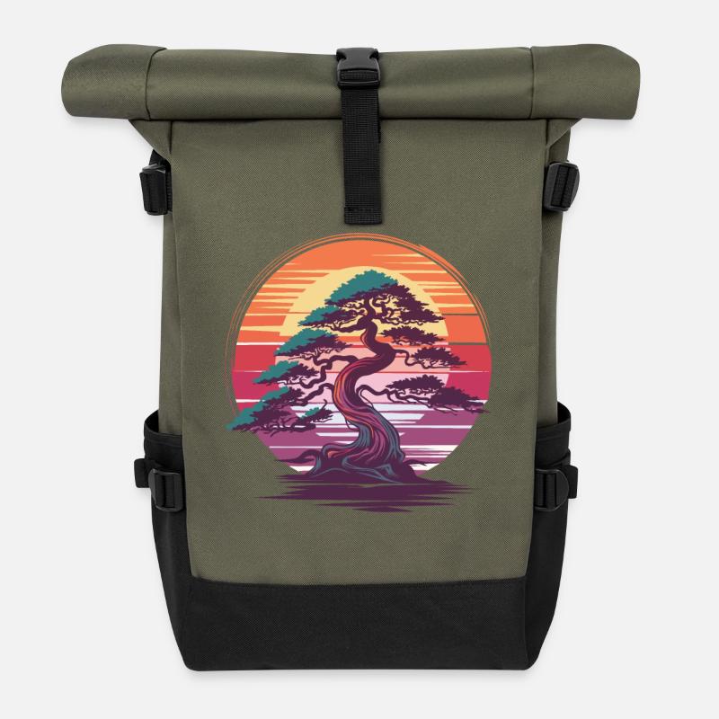 Bonsai Tree Sunset Zen Nature Relaxation Design - Roll Top Backpack - olive/black
