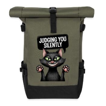 Judging You Silently Funny Cat Design - Roll Top Backpack - olive/black - Front