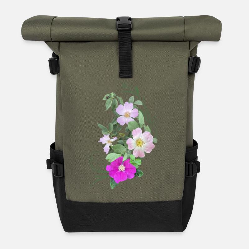 Wildrosenblüten und Ranke, Mixed Media Kunst - Rolltop Rucksack - Olive/Schwarz
