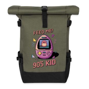 Tamagotchi Feed Me 90er Jahre Nostalgie Design - Rolltop Rucksack - Olive/Schwarz - Vorne