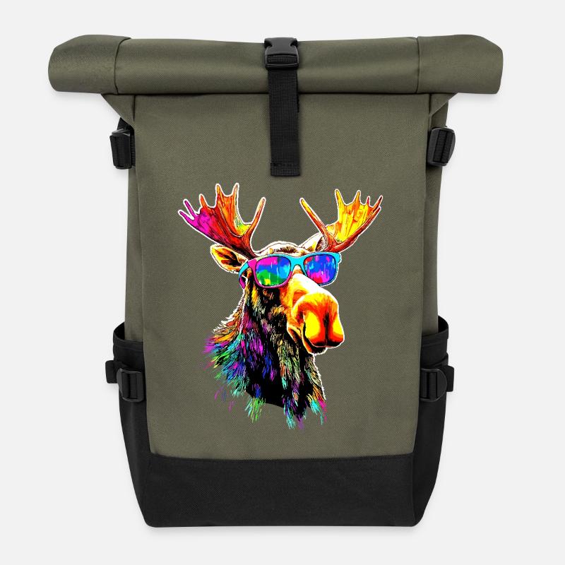 Elch Moose Elchbulle Geweih Hirsch Wilde Elche - Rolltop Rucksack - Olive/Schwarz