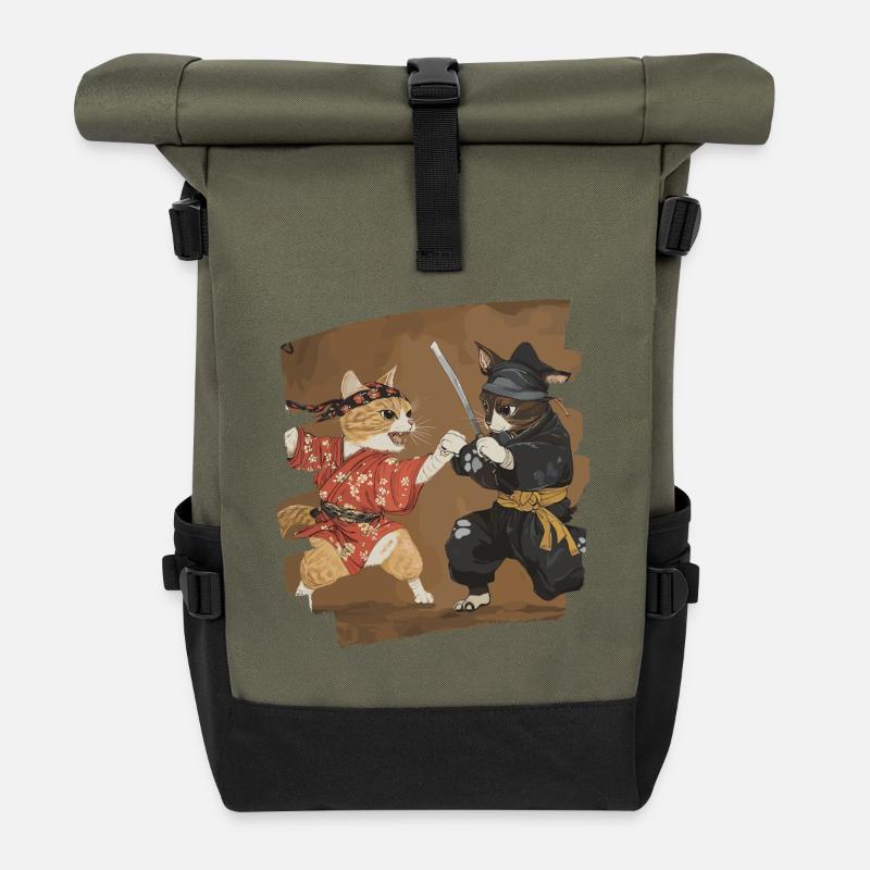 Japanischer Katzen Kampf - Rolltop Rucksack - Olive/Schwarz