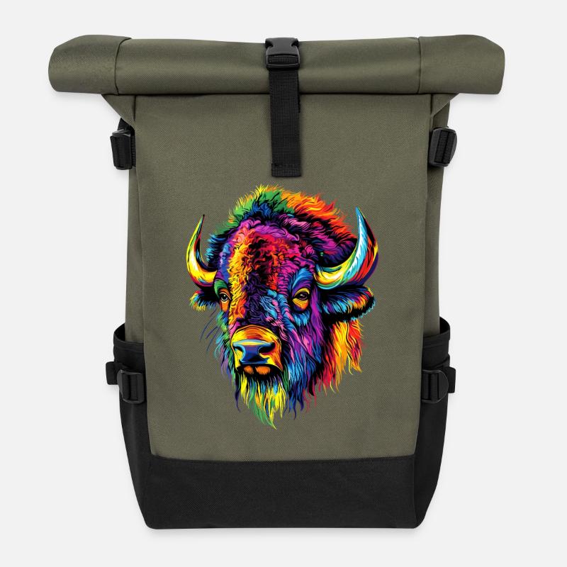 Bison Wisent Wildrind Buffalo Amerikanischer Bison - Rolltop Rucksack - Olive/Schwarz