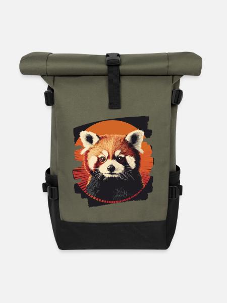 Roter Panda Retro - Rolltop Rucksack - Olive/Schwarz
