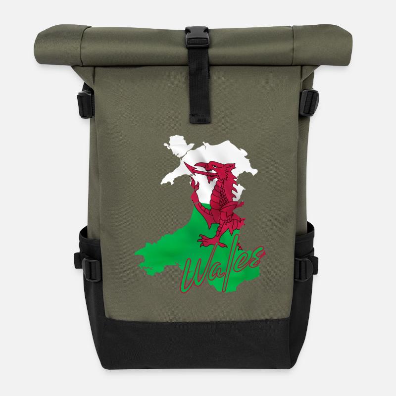 Flagge von Wales, walisischer Stolz - Rolltop Rucksack - Olive/Schwarz