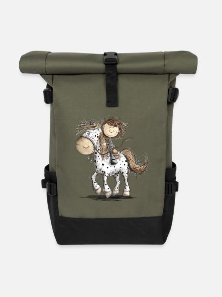 Drolliges Pferd mit Reiter Cartoon Pferdchen - Rolltop Rucksack - Olive/Schwarz