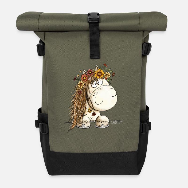 Drolliges Pferd Blumenkranz Cartoon - Rolltop Rucksack - Olive/Schwarz