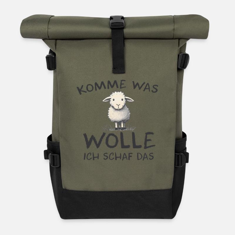 Komme was wolle ich Schaf das Schaf Wolle - Rolltop Rucksack - Olive/Schwarz