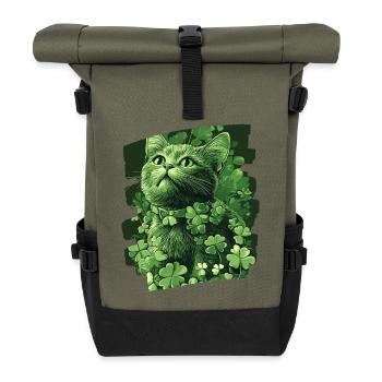 St Patricks day Katze - Rolltop Rucksack - Olive/Schwarz - Vorne