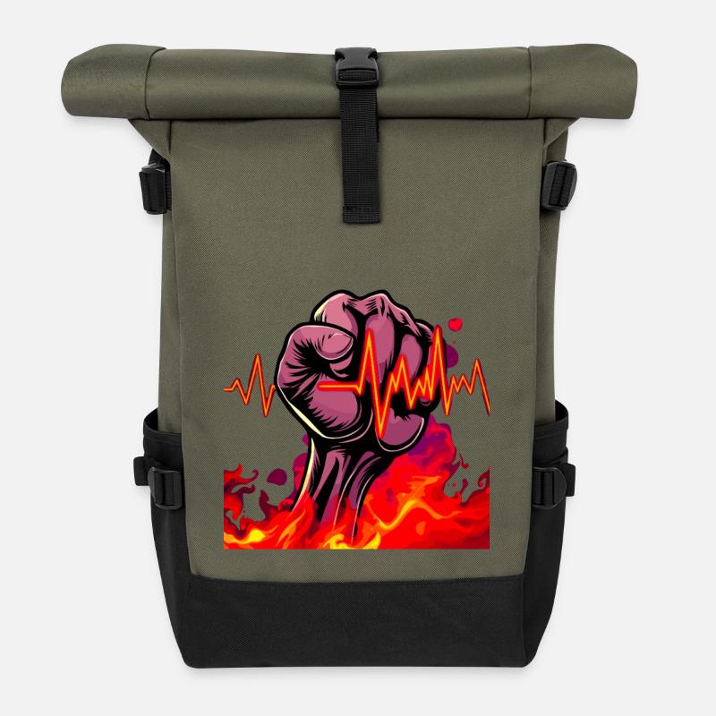 Starke Faust mit feurigen Herzschlag - Rolltop Rucksack - Olive/Schwarz