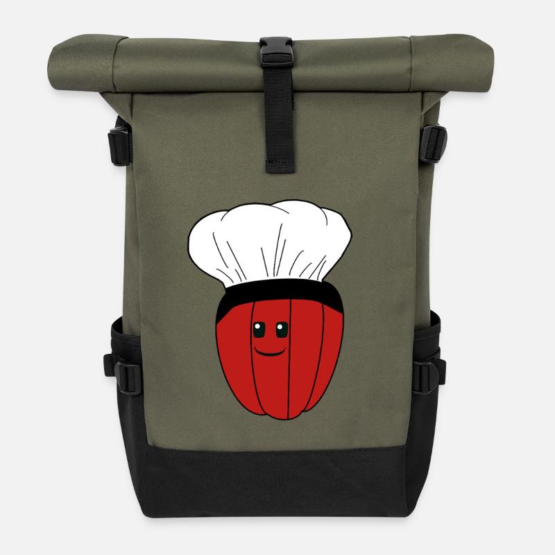 Chef's Hat, Pepper, Pod, Vegetables - Roll Top Backpack - olive/black