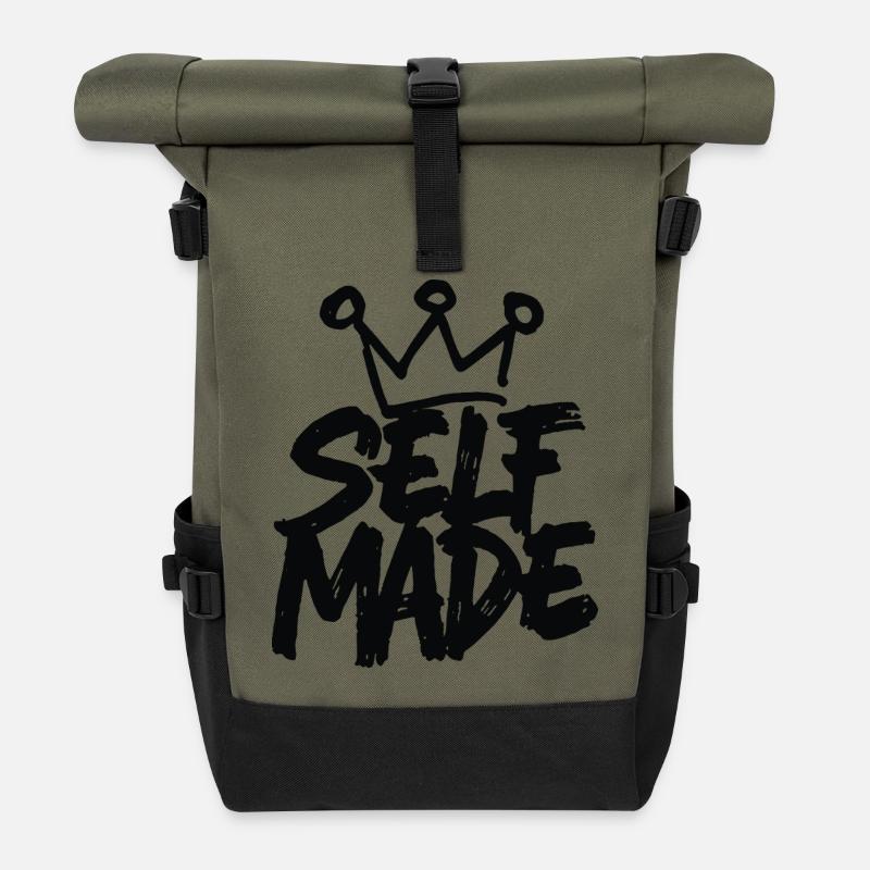 Self Made - Handschriftliches Motivationsdesign - Rolltop Rucksack - Olive/Schwarz