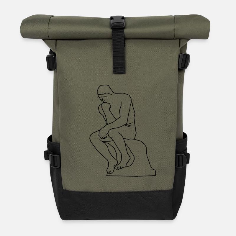 The thinker statue line art - Roll Top Backpack - olive/black