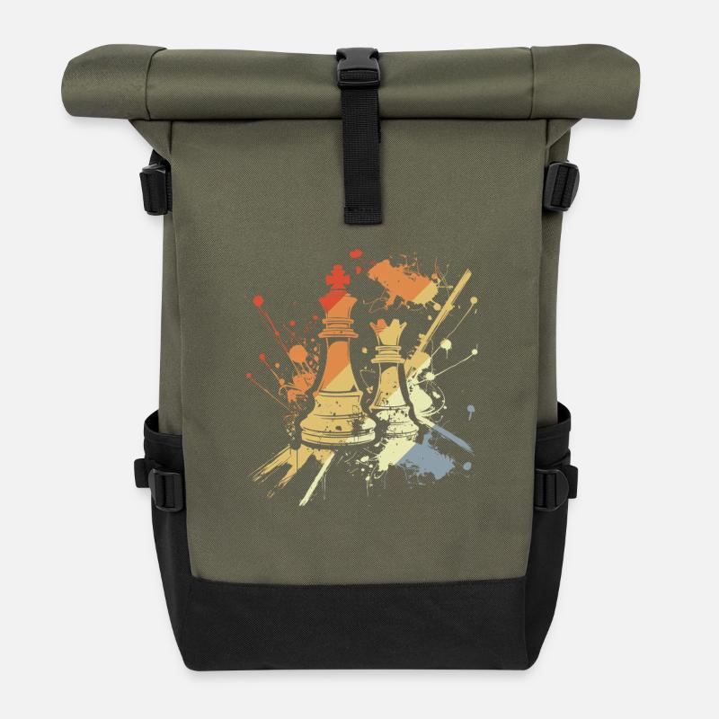 Vintage Schach Dame und König - Rolltop Rucksack - Olive/Schwarz
