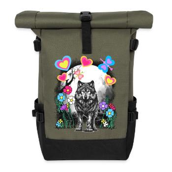 Retro Wolf Wölfe Märchen Märchenfigur Vintage - Rolltop Rucksack - Olive/Schwarz - Vorne