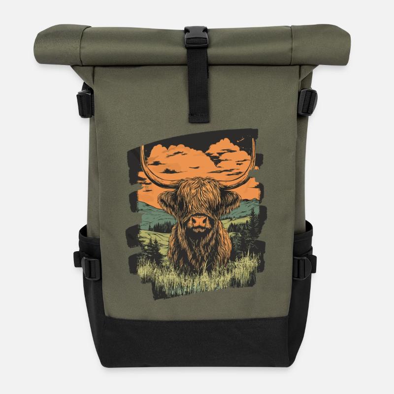 Schottisches Hochlandrind - Rolltop Rucksack - Olive/Schwarz