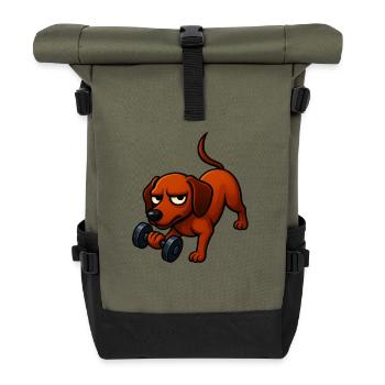 Energetischer Dackel mit Hantel Comic Motivation - Rolltop Rucksack - Olive/Schwarz - Vorne