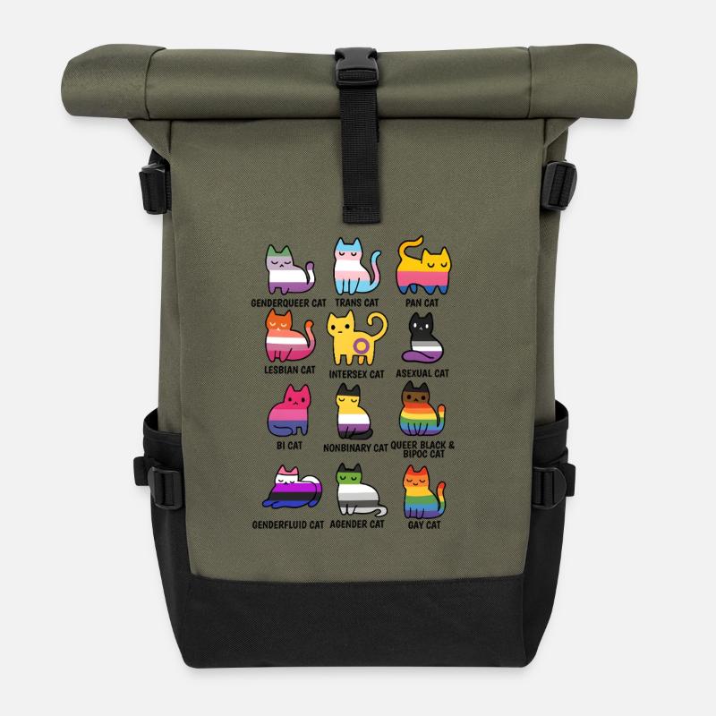 Niedliche Retro LGBT Katze Cat Pride & Equality - Rolltop Rucksack - Olive/Schwarz