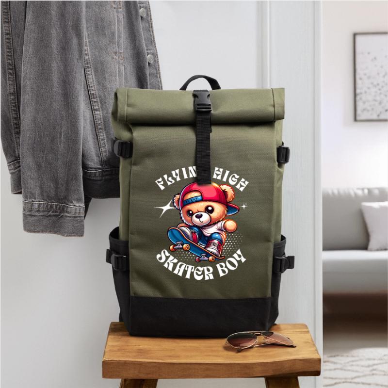 Skater Teddybär auf Skateboard Rolltop Rucksack