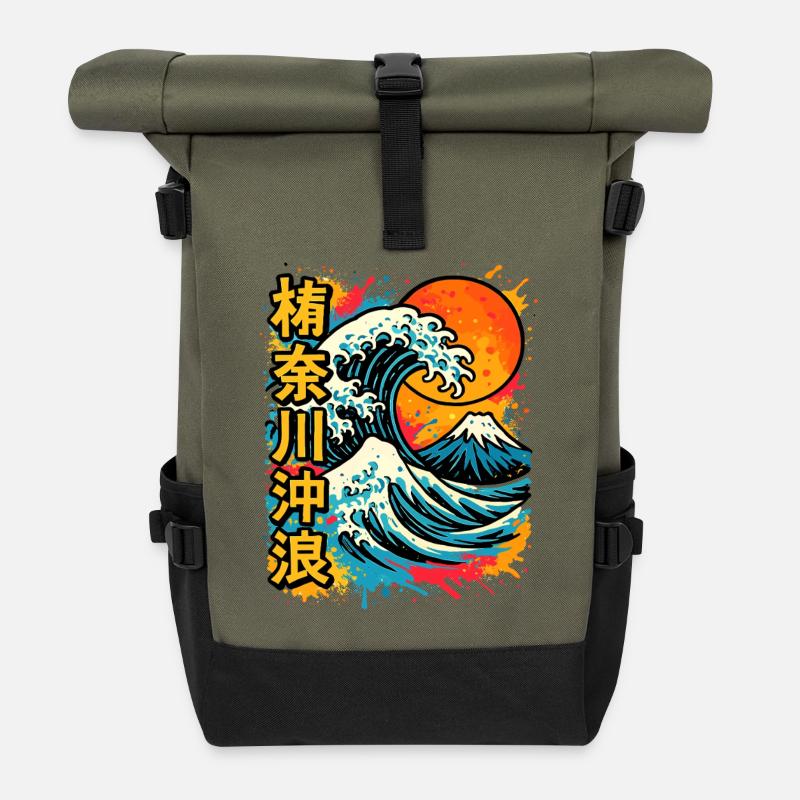 Große Welle Kanagawa Farb Splash Hokusai Kunst - Rolltop Rucksack - Olive/Schwarz