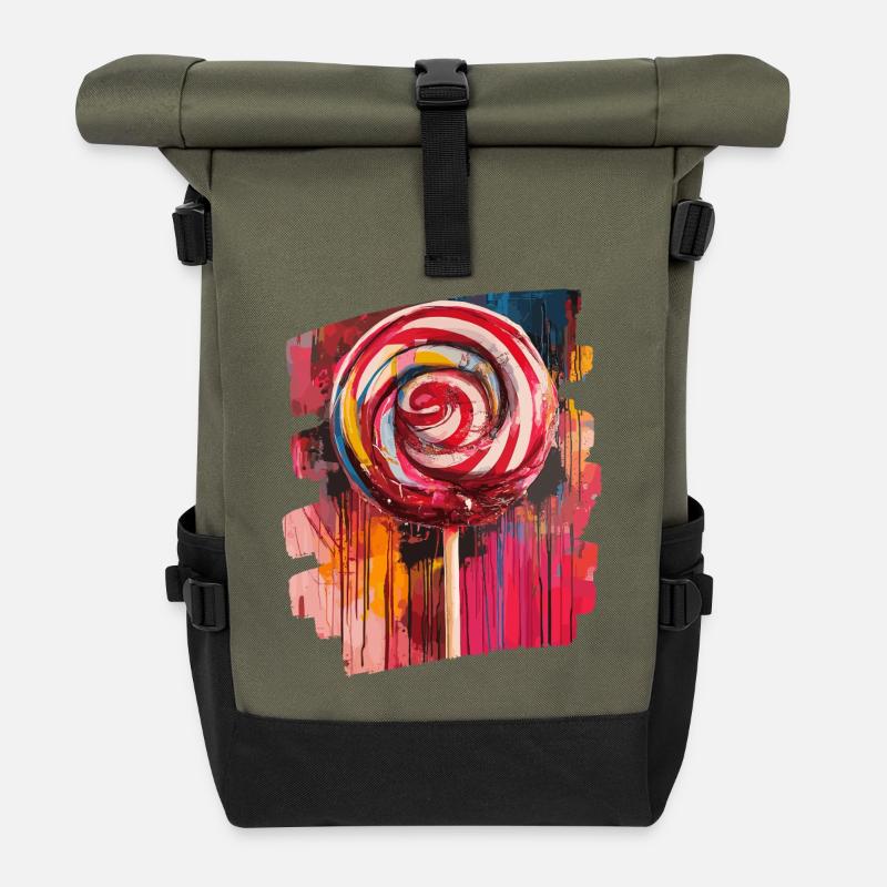 Lollipop Lutscher Bonbon Süssigkeit - Rolltop Rucksack - Olive/Schwarz