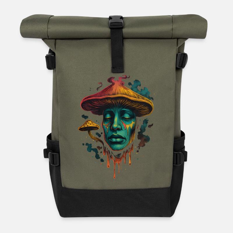 Psychedelic Mushroom Face Surreal Design - Roll Top Backpack - olive/black