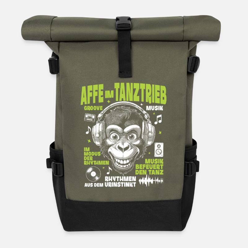 Tanztrieb Groove Shirt: Monkey with Music View - Roll Top Backpack - olive/black