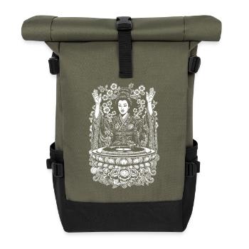 Festival Shirt: Geisha & mystischer Plattenspieler - Rolltop Rucksack - Olive/Schwarz - Vorne