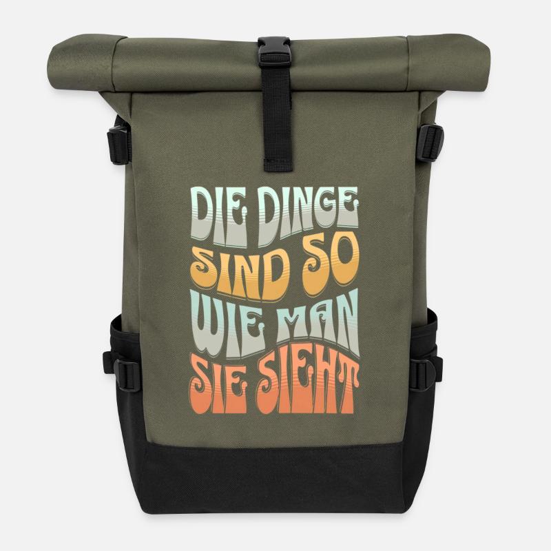 Perspektive Statement Spruch Shirt Retro Look - Rolltop Rucksack - Olive/Schwarz