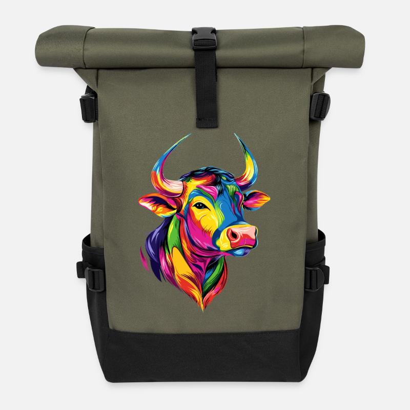 Stier Bulle Ochse Rind Bauernhof Kuh Taurus Bullen - Rolltop Rucksack - Olive/Schwarz