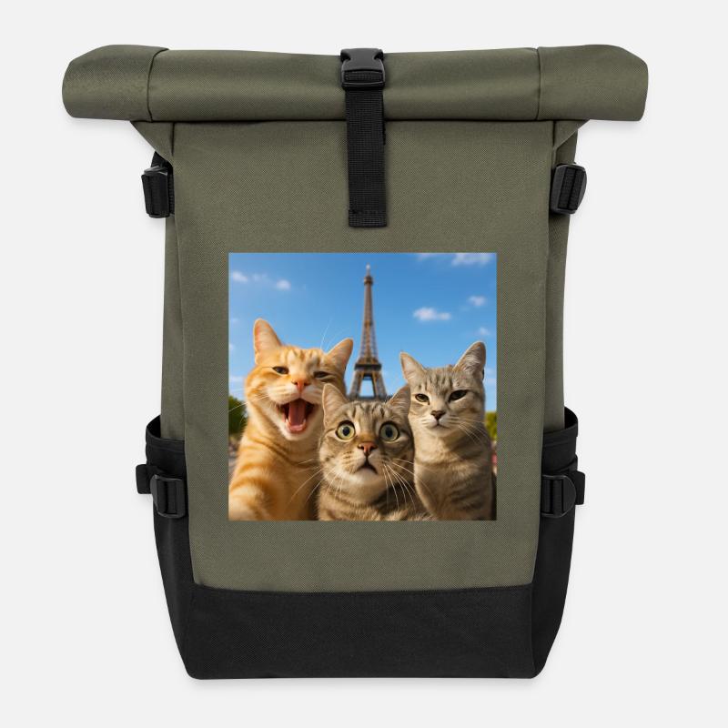Katzen Selfie in Paris Eiffelturm Katze Selfie Geschenk - Rolltop Rucksack - Olive/Schwarz