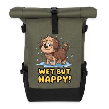 Wet but Happy Cartoon Dog Design - Roll Top Backpack - olive/black - Front