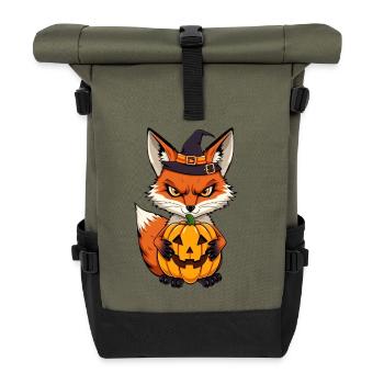 Halloween fox with pumpkin: cartoon illustration - Roll Top Backpack - olive/black - Front