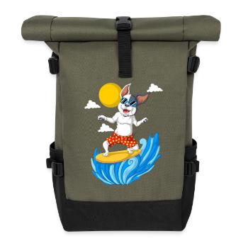 Fun Surfing French Bulldog Illustration - Roll Top Backpack - olive/black - Front