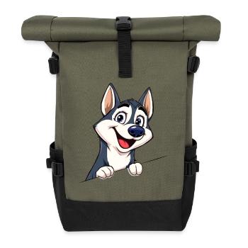 Cute Husky Looking Out Cartoon Animal Illustration - Roll Top Backpack - olive/black - Front