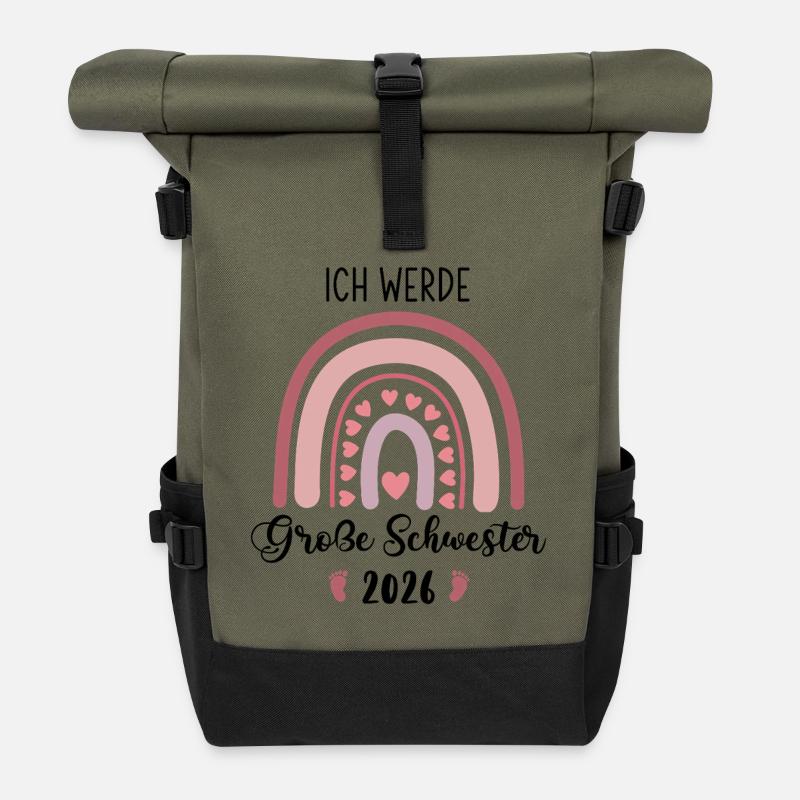 Ich Werde Große Schwester 2026 Regenbogen - Rolltop Rucksack - Olive/Schwarz
