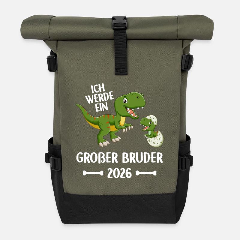 Ich Werde Großer Bruder 2026 Dino - Rolltop Rucksack - Olive/Schwarz