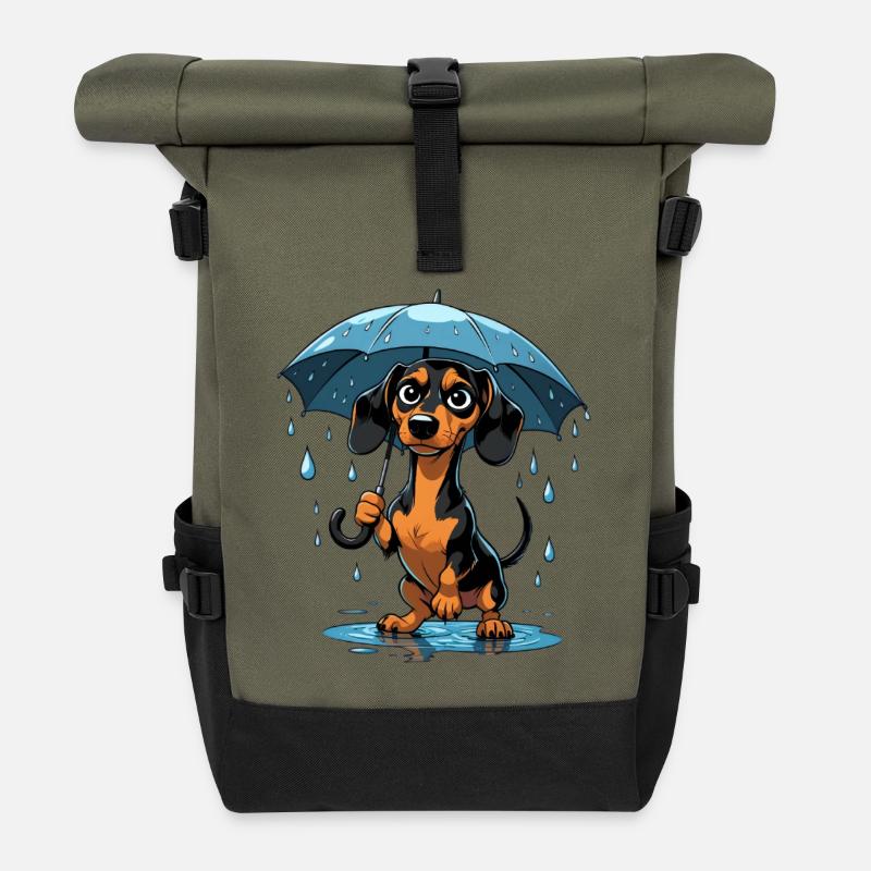 Niedliches Dackel mit Regenschirm - Rolltop Rucksack - Olive/Schwarz