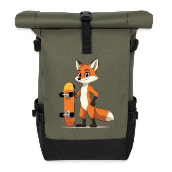 Waldfuchs mit Skateboard Motiv - Rolltop Rucksack - Olive/Schwarz - Vorne