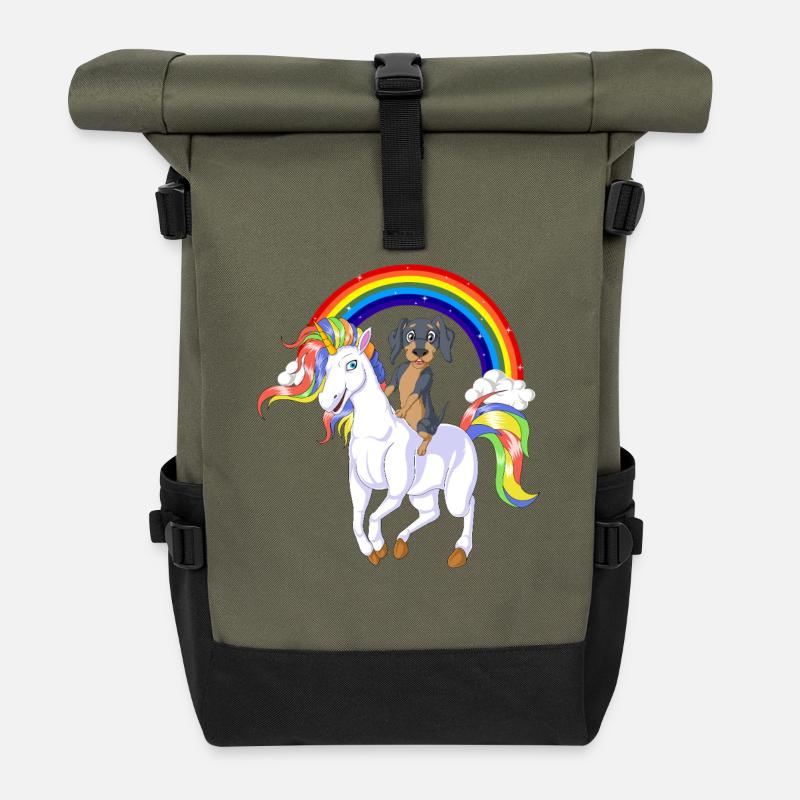 Funny Dachshund Riding Unicorn on Rainbow Magical - Roll Top Backpack - olive/black