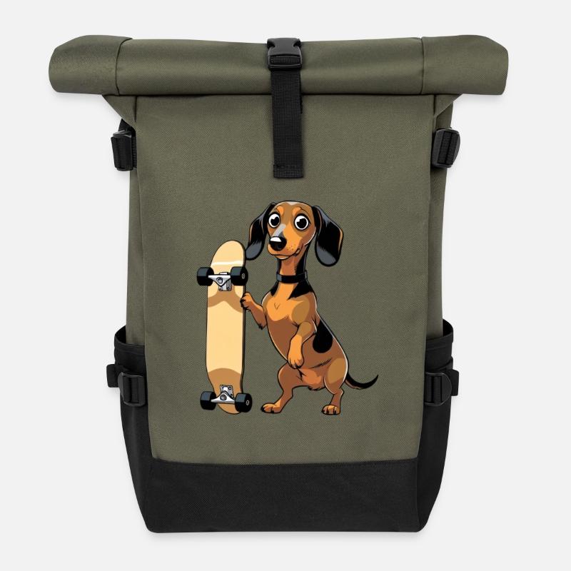 Dackel mit Skateboard Design - Rolltop Rucksack - Olive/Schwarz